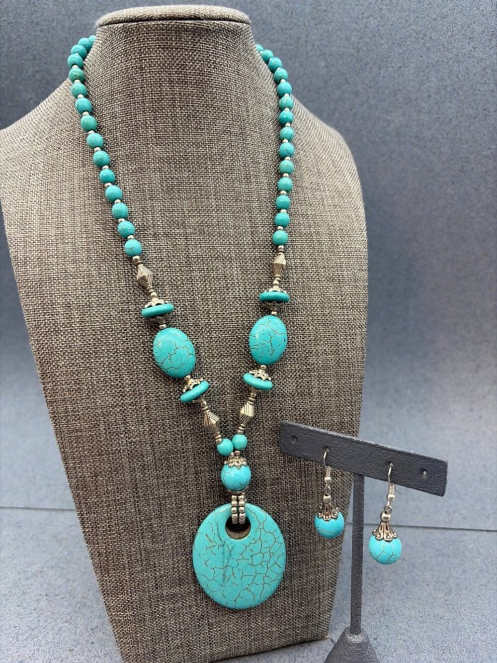Turquoise Beaded Necklace Earrings Set 20 In As Is Oval Pendant Silver Bohemian